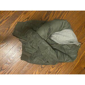 green bomber jacket with gray hood